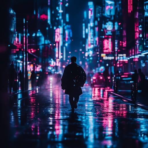 An instrumental track combining ethereal synth melodies and pulsating cyberpunk beats to evoke wandering through a neon lit metropolis at midnight.