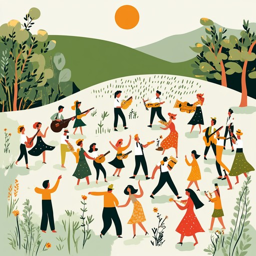 An energetic instrumental track blending gypsy jazz guitar rhythms with a carefree summertime spirit, perfect for dancing under the sun and celebrating joyous moments with friends.