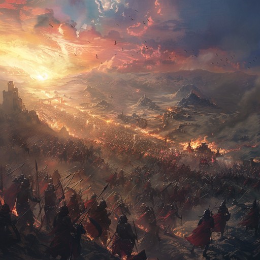 This composition features a powerful and majestic orchestration that transports the listener to a grand battlefield, weaving together intense drum rhythms, soaring brass sections, and lush strings to conjure the essence of a heroic and triumphant victory. Perfect for cinematic landscapes, epic storytelling, and monumental moments of triumph.