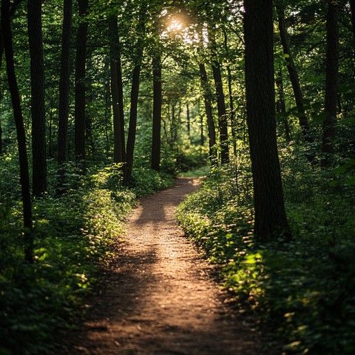 A soothing instrumental depicting a quiet walk through serene woods, accompanied by the soft sounds of a nearby stream. The gentle strumming of the acoustic guitar pairs with light percussion to evoke a peaceful, reflective mood.