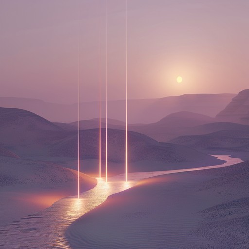 Modern downtempo rhythms collide with ancient vibes, creating a meditative aural space. Synthesizer sounds emulate the vast, mysterious desert, blending with soft percussive elements to evoke a tranquil, mesmerizing soundscape.