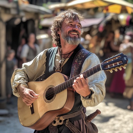 A vigorous troubadour tune evoking chivalrous adventures and noble quests, featuring driving acoustic guitar rhythms, vigorous strumming, and melodies reminiscent of medieval courts. The melodies conjure images of knights on horseback and lively village festivals. A spirited and foot tapping journey back in time.