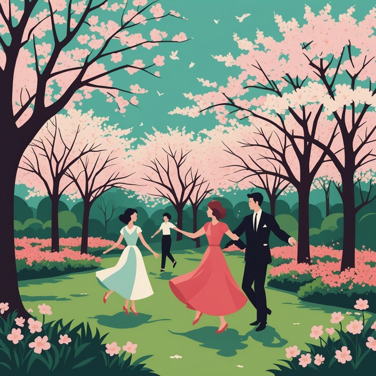 Imagine a charming scene at a springtime garden party where elegantly dressed couples perform a graceful waltz under blooming cherry trees. The music captures the essence of a rejuvenating and gentle spring breeze, transforming the landscape into a rhythmic dance of colors and emotions.