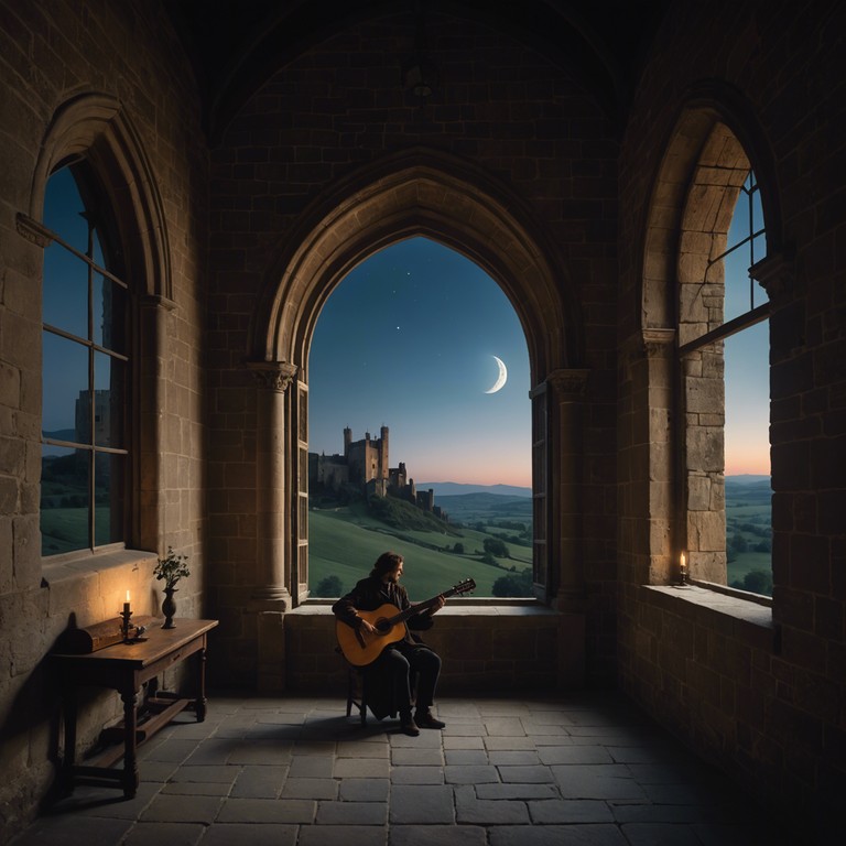 A composition that captures the essence of a lone troubadour in medieval times, gently strumming a lute in echoing, candle lit castle halls. The piece is reflective and introspective, meant to evoke the spirit of ancient stories and forgotten adventures.