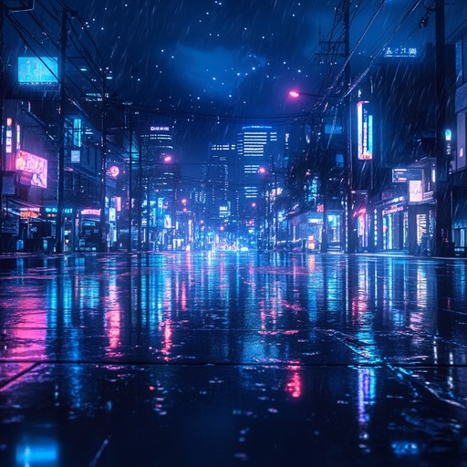 An atmospheric instrumental piece blending ambient and futuristic sounds, transporting listeners to a tranquil journey through neon lit cyberpunk city streets at night.