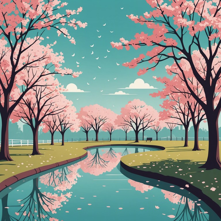 Imagine a tranquil scene in a quaint tokyo park during hanami (cherry blossom viewing), where the soft pink petals drift slowly to the ground. The gentle rustle of leaves and distant city sounds create a peaceful backdrop, highlighted by the melodious tune of a solo koto, embodying the essence of relaxation and the fleeting beauty of nature.