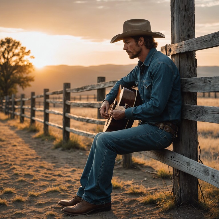 Delve deeper into the emotional scape of a cowboy's journey, under the expansive desert sky as twilight paints it in hues of deep oranges and purples. The strumming of his acoustic guitar becomes a meditative dialogue with the soul, pondering existence and the simplicity of life in the wilderness.