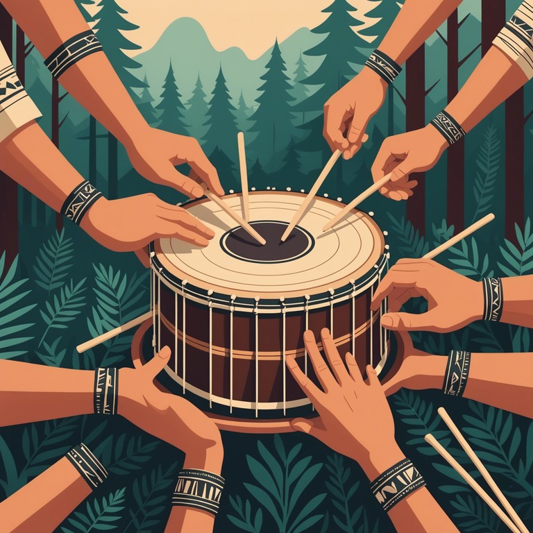 This alternative portrayal channels the quieter yet equally intense sounds of the forest, focusing on the softer beats of traditional drums that stir the spirits of nature, evoking a profound sense of awe and reverence.