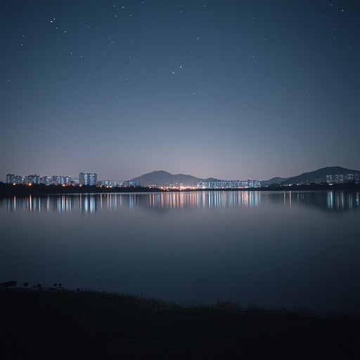 An instrumental k pop composition blending traditional gayageum with soothing ambient sounds, painting a serene evening along the han river. The melody flows gently like the river, evoking peace and reflection as city lights shimmer on the water.