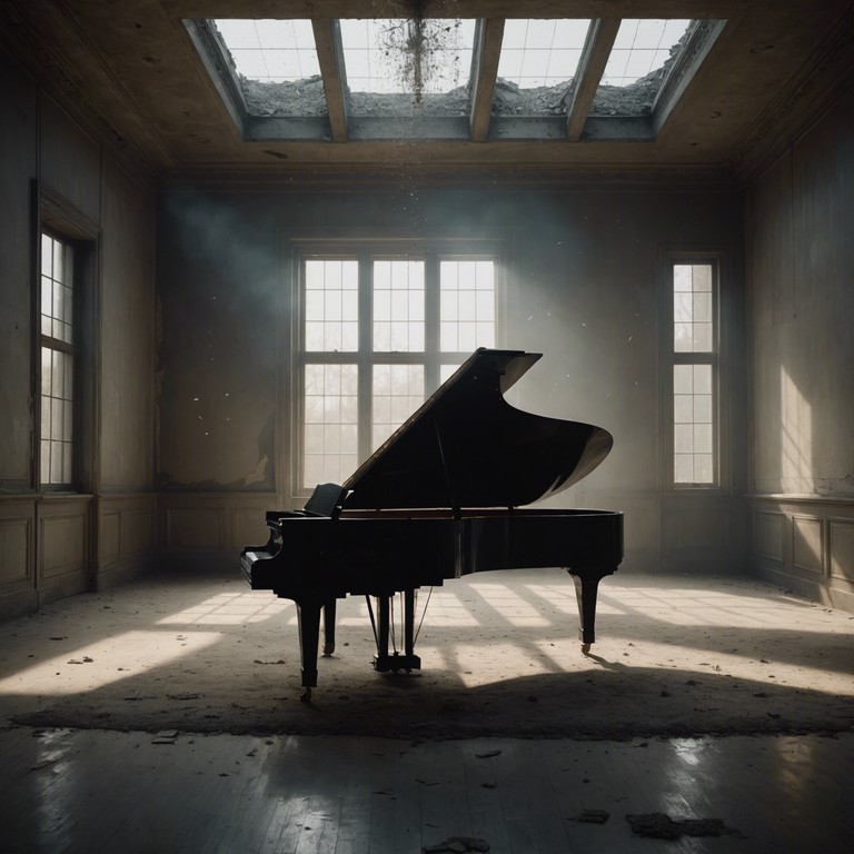 A single piano key strikes, reverberating through the vast, empty hall of an abandoned mansion. The sound is slow, deliberate, reflecting the deep solitude of a long forgotten place, mixed with the beauty of resilience and the quiet strength found in solitude.