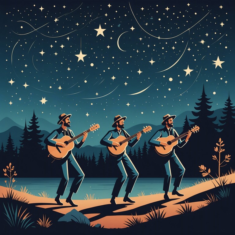 In this audacious blend, the banjo strings play not only earthly tunes but also echo the music of distant galaxies, performed in a lively, communal folk dance setting.