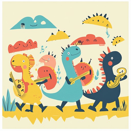 An energetic instrumental featuring catchy rhythms and bold melodies, depicting a joyful parade of dinosaurs celebrating together in a lively prehistoric setting.