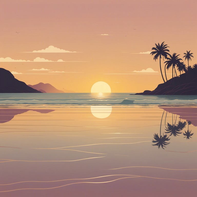 A relaxing melody embodies the serene sunset on a tropical beach. Soft bongo drums tenderly accompany the sound of gentle waves, crafting a calming audio environment ideal for unwinding after a day filled with sunshine and sand.