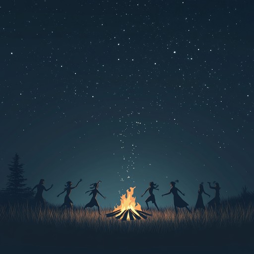 A vibrant instrumental piece featuring tribal drums and indigenous instruments, evoking the spirit of communal celebration under starlit skies, symbolizing unity, joy, and the rhythms of nature