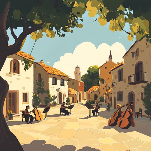 A serene composition capturing the warmth and relaxation of a sunlit balkan village scene with flowing chalga rhythms and melodies.