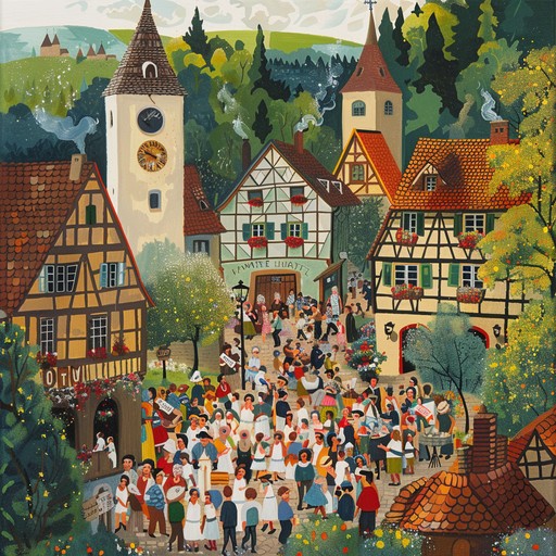 A lively and joyful instrumental featuring upbeat accordion melodies and rhythmic guitar, perfect for uplifting gatherings and traditional celebrations in a quaint german village.