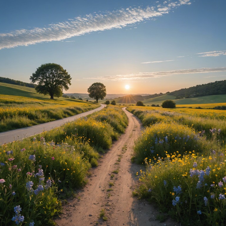 Imagine a soothing sunrise viewed from a serene country path, where the sounds of nature blend with a heartening, uplifting banjo melody, portraying warmth and positivity with every note.