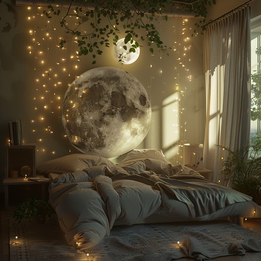 Create an enchanting piece with floating melodies and shimmering pads to capture the quiet magic of a moonlit night in a whimsical bedroom setting