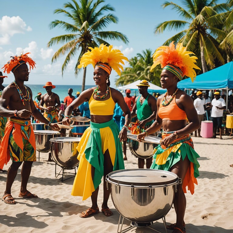 Imagine a rhythmic piece that combines traditional caribbean steelpan with modern syncopation, perfectly suited for dancing at sunset on a white sandy beach.