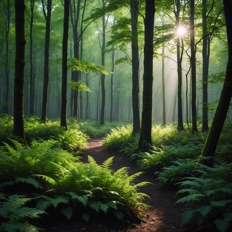 Echoes through green invites listeners on a sonic journey through the heart of a vibrant forest at sunrise. It blends soft piano notes with the ambient sounds of wildlife stirring, encouraging reflection and inner peace.