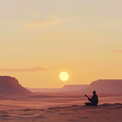 A gentle and bittersweet melody flows through the sands, painting the picture of a forlorn journey across a vast desert. The soothing tones of the oud echo against the setting sun, mingling with the whispers of the wind and the lingering warmth of the departed day.