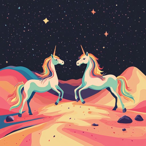 A cheerful instrumental combining futuristic martian electronic beats with playful, whimsical melodies inspired by unicorns, creating a unique and uplifting soundscape perfect for celebration.