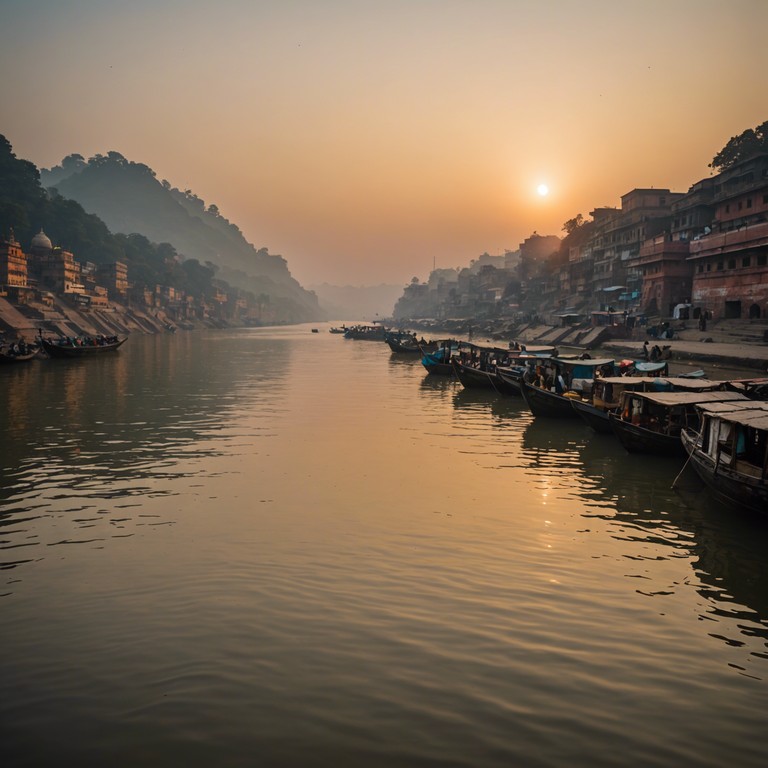 This composition captures the ethereal calm of an early morning by the sacred ganges river, inspired by traditional hindustani sounds blended with a contemporary perspective. Mastery of the sitar's intricate melodies intricately weaves a narrative of renewal and spiritual awakening, evoking a feeling of peace and profound contemplation.