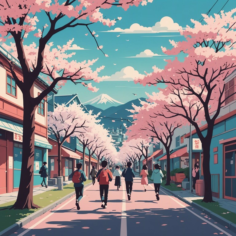 The music captures the lighthearted adventures through a vibrant anime town during sakura season, incorporating playful, upbeat tunes that embody the joy and charm of springtime exploration.