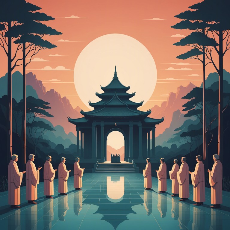 A majestic composition where a deeply spiritual choir echoes through an ancient, sunlit temple during morning prayers. The piece captures the essence of divine connection and transcendent meditation. Ghostly, ethereal voices rise and fall in harmony, creating a sense of peace and profound reflection.