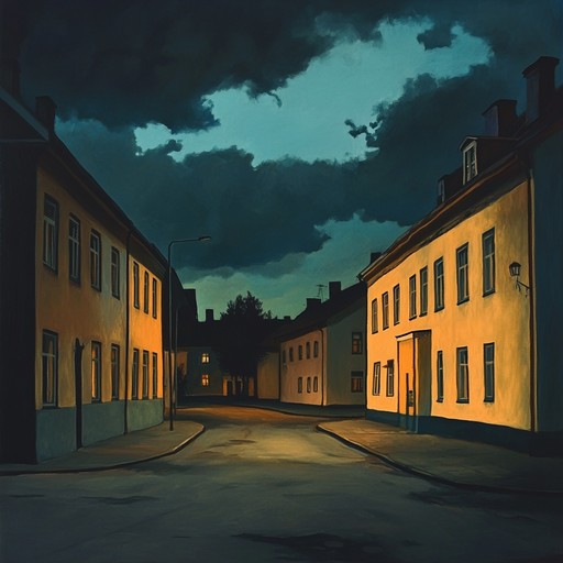 An instrumental suomipop piece that creates a menacing atmosphere through haunting melodies, dark synths, and suspenseful rhythms, evoking the feeling of silent finnish streets under the shadow of looming threats.