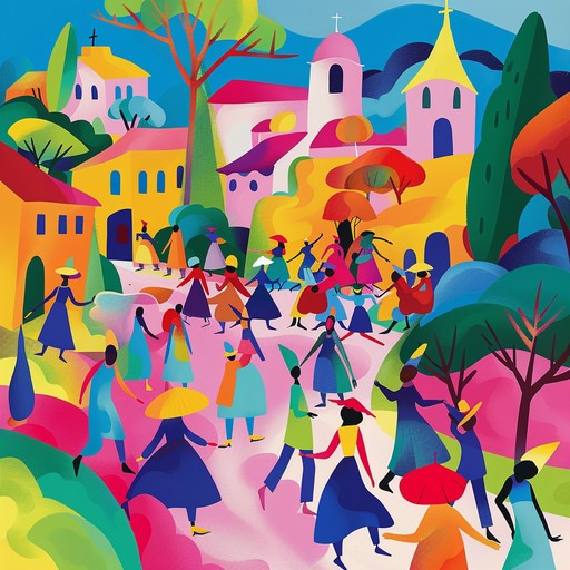 Feel the energy of a festive village carnival as lively traditional rhythms and groovy beats fill the air. This musical piece, driven by an accordion, captures the joyful and playful spirit of an exuberant dance celebration.