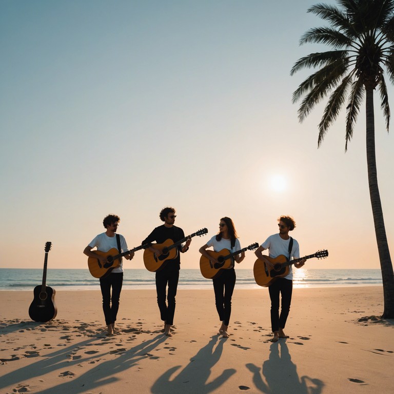 Imagine starting your day with the energy of the ocean waves and a soulful rumba dance led by acoustic guitar tunes, embodying the spirit of a lively seaside morning filled with happiness and rhythm.