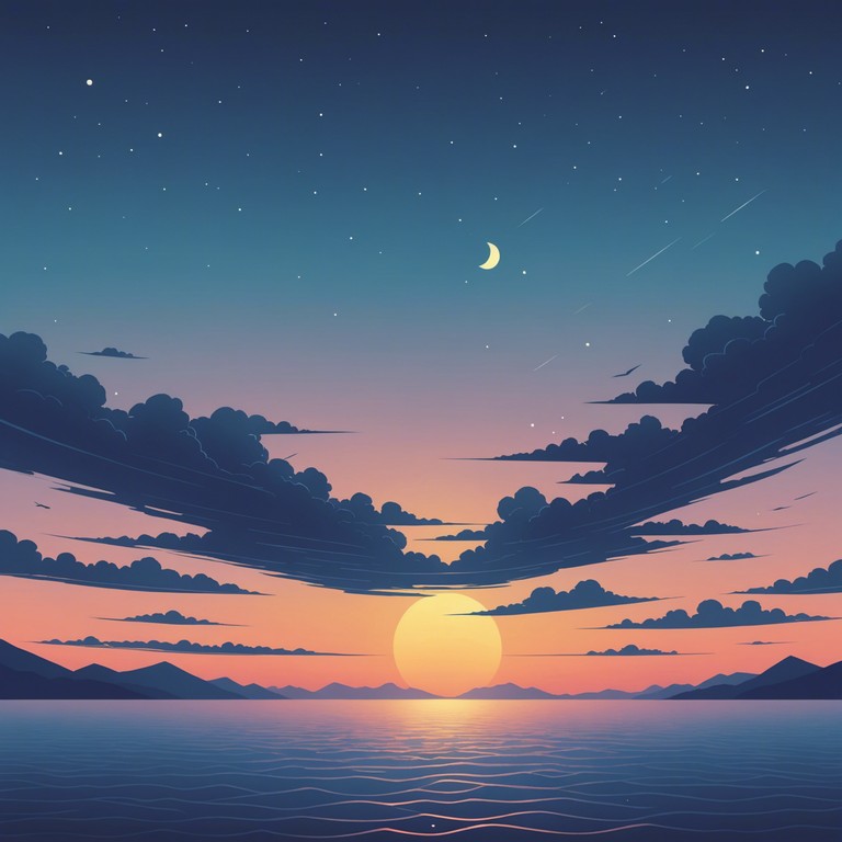 Imagine a vast ocean gently hugging the shore under a twilight sky, where each note played by the harp evokes the serene embrace of the sea and the sky as they meet at the horizon.