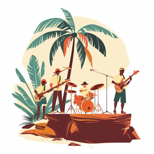 Picture a small tropical island where a swing band captivates the night with a vibrant mix of swing and exotic melodies. The trumpet calls out cheerfully, contrasting with rhythmic, percussive beats that bring the island nightlife to life.