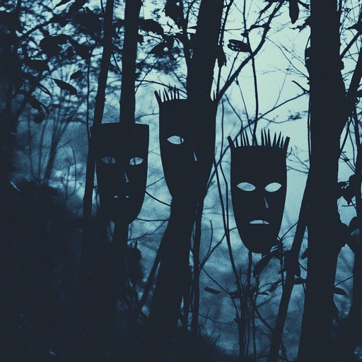 A chilling fusion of primal drums and eerie wind instruments, evoking a forbidden ritual deep within the shadowy heart of a sacred forest.