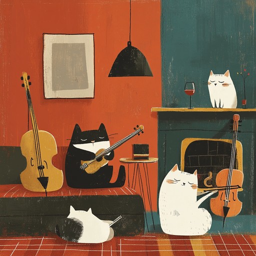 An instrumental piece featuring quirky jazz melodies that emulate the playful antics of cats, providing a relaxing and whimsical lounge atmosphere.