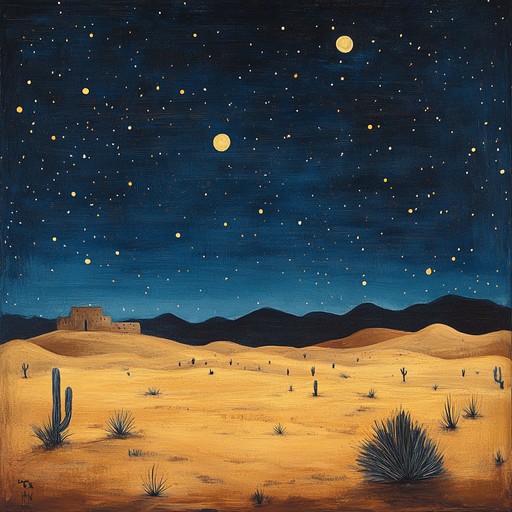 Soft, tender guitar riffs blend harmoniously with ambient desert sounds; a serene melody weaving through starry desert night