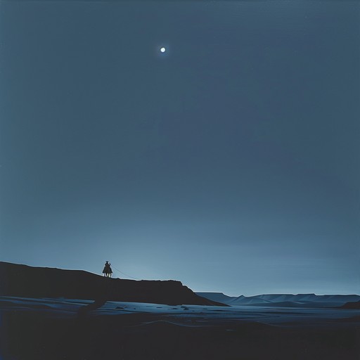 A suspenseful trek across a dark desert landscape, marked by the twangs of a steel string acoustic guitar. The track builds tension with each strum, evoking images of a lone rider navigating treacherous paths under the eerie light of the moon. Subtle percussion and ambient sounds of the wild amplify the drama, creating a gripping auditory experience.