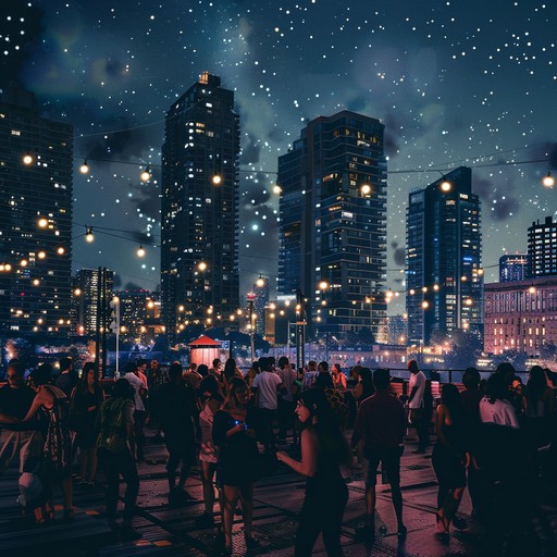 A high energy phonk track capturing the essence of an exhilarating urban rooftop party, featuring punchy beats, deep basslines, and vibrant melodies. Perfect for setting an exciting atmosphere with its dynamic rhythm and engaging soundscape. Imagine a bustling city backdrop with lights twinkling and people dancing under the stars.