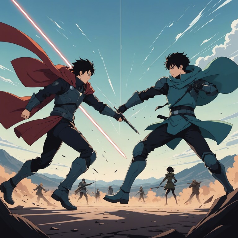 A thrilling and high energy piece designed to accompany the climactic battle scene in an anime series, capturing the spirit and determination of the heroes as they face their ultimate challenge. Sweeping orchestral movements build a rich tapestry of sound that propels the narrative forward, creating an atmosphere filled with tension and heroic resolve.