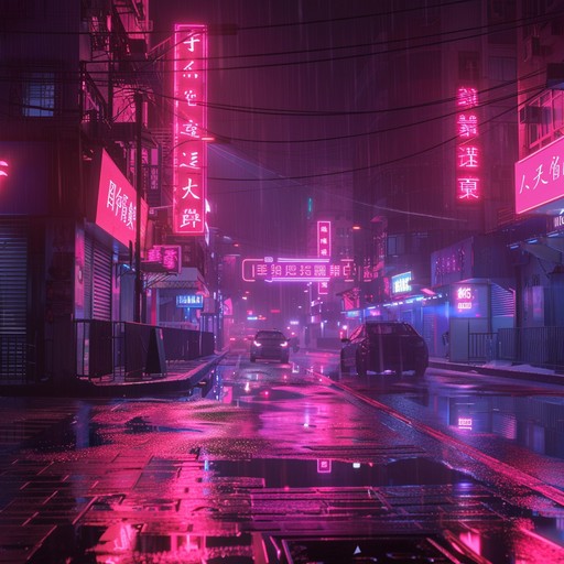 A heart pounding track with pulsating beats and eerie futuristic ambient layers, capturing the essence of a dystopian urban jungle. This composition features a complex interplay of synthesizers, creating an anxious, foreboding atmosphere characteristic of a cyberpunk narrative. Intricate melodies and discordant harmonies provide a sense of urgency and chaos, immersing the listener in a world of neon lights and dark alleyways.