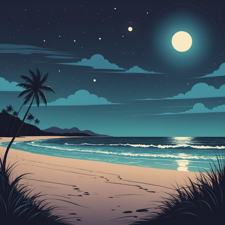 As night falls over a quiet beach, the ocean waves gently harmonize with deep bass pulses from a synth pad, crafting an immersive listening experience that invokes deep contemplation and relaxation, ideal for nighttime unwinding or meditative practices.