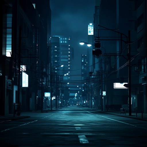 A melancholic melody captures the desolate, haunting urban landscape at night, shadowed by flickering streetlights and distant echoes of life, evoking feelings of solitude and contemplation.