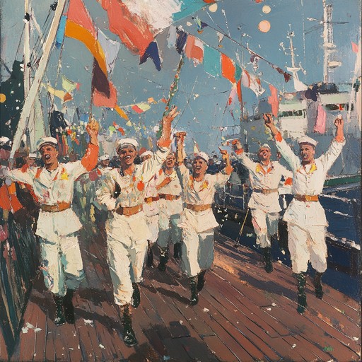 An exuberant and uplifting instrumental piece, celebrating the bravery and camaraderie of the russian navy. Traditional maritime melodies intertwine with modern orchestral arrangements, creating a vivid seascape that brings to life the adventurous and joyous spirit of sailors navigating through the vast oceans. The harmonious integration of accordion and brass sections evokes a sense of pride and festivity, making it perfect for naval parades or commemorative events.