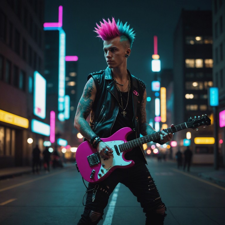 Cranking the energy of classic punk with a neon, cyberpunk aesthetic, this track mixes aggressive guitar riffs with atmospheric synths, capturing the essence of rebellion in a digital age