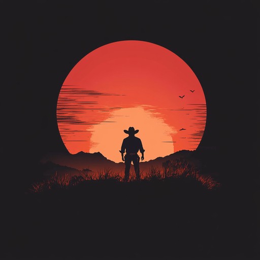 A melancholic yet comforting piece evoking the solitary journey of a cowboy riding through vast open landscapes as the sun sets in the background, casting long shadows and coloring the scene with hues of orange and red. The music captures both the beauty of the untamed wilderness and the poignant solitude of the rider.