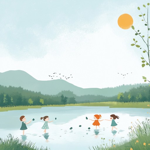 A lively instrumental piece that captures the innocent delight of children skipping stones across a tranquil lake on a sunny afternoon. Bright melodies intertwine with light hearted rhythms to create an atmosphere of carefree happiness and wonder