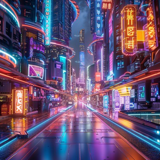 Experience throbbing, high energy techno rhythms in a vibrant, futuristic neon lit cityscape, immersing you in the electric pulse of cyber nights.