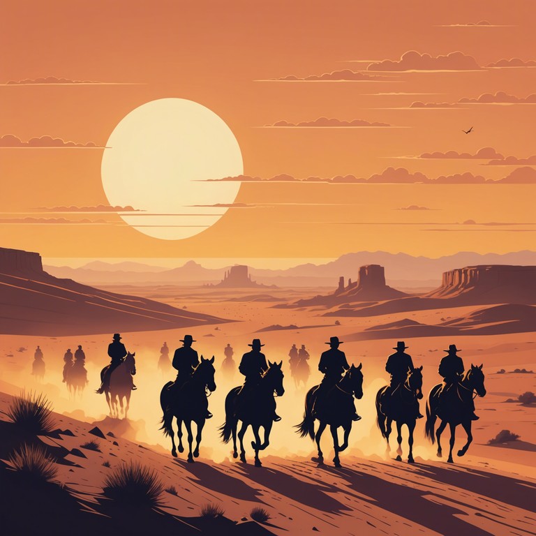 This track encapsulates the spirit of the old wild west, combining grandiose melodies with the rustic charm of frontier life. A heroic and adventurous theme dominates, picturing riders galloping under a vast, open sky towards the setting sun. This composition uses traditional western instruments to create a feeling of freedom and victory as the horizon stretches endlessly ahead.