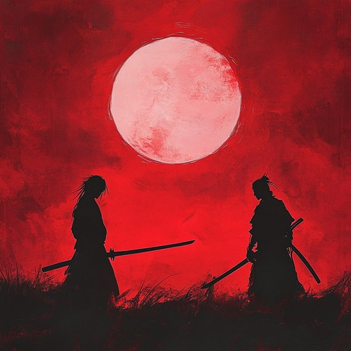 As the sun sets, casting a blood red glow over the ancient deserted cityscape, two warriors face off in a decisive battle. Their movements are swift, almost blurring into the surrounding darkness, every stroke of their blades ringing through the chilled air. The tension is palpable, with the weight of their ancestors' honor on their shoulders, fighting not just for victory but for redemption and glory captured in each note.